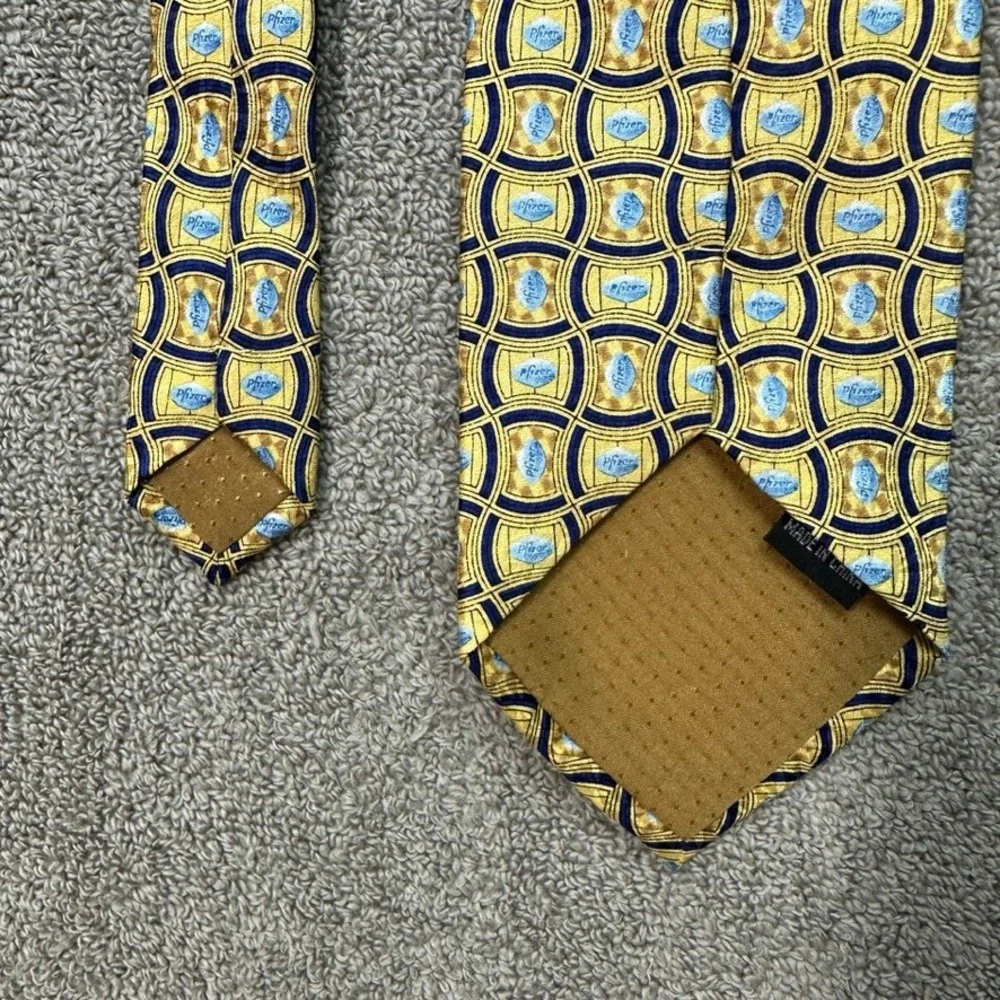 Pfizer Corporate Logo Silk Necktie Gold Navy Blue Geometric Pharmaceutical Tie